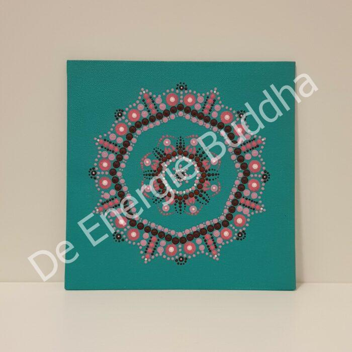 De Energie Buddha - mandala dot painting - eigen creatie - medium turqoise canvas met rozetinten