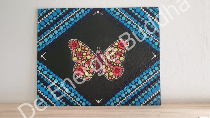 De Energie Buddha - Mandala Dot Painting - Groot canvas - Blauwtinten met vlinder in oranjetinten