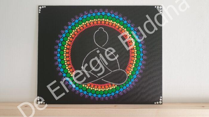 De Energie Buddha - Mandala Dot Painting - Groot canvas- Logo van De Energie Buddha met regenboogkleuren