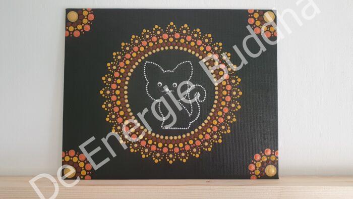 De Energie Buddha - Mandala Dot Painting - Groot canvas - Poes omringd met bruintinten
