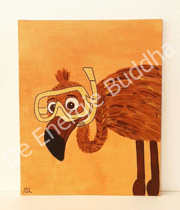 De Energie Buddha - Workshop Vreemde Vogels schilderen - Bruine flamingo met duikbril