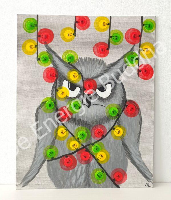 De Energie Buddha - Workshop Vreemde Vogels schilderen - Grijze uil met kerstverlichting