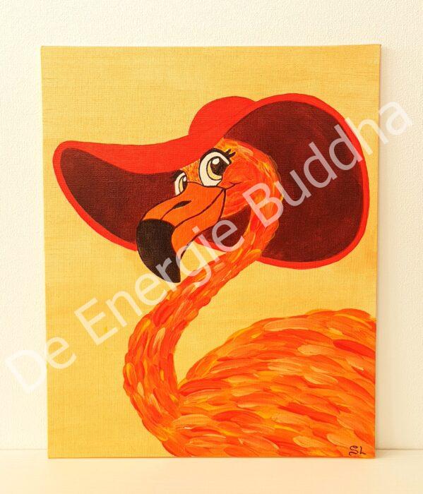 De Energie Buddha - Workshop Vreemde Vogels schilderen - Oranje flamingo met zonnenhoed