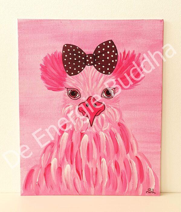 De Energie Buddha - Workshop Vreemde Vogels schilderen - Roze kip met strik